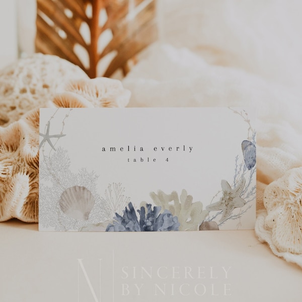 Beach Wedding Place Card Template, Editable Printable Tropical Beach Wedding Place Card Flat + Folded, Sea Wedding Name Cards DIY | Arista