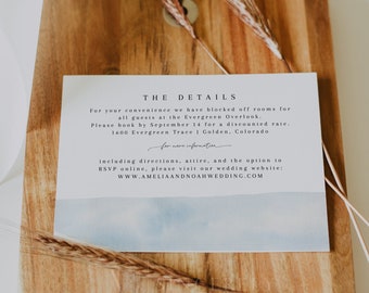 Watercolor Details Card, Blue Details Card Template, Printable Blue Watercolor Wedding Details Card, Enclosure Card Wedding, Details Card