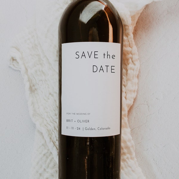 Modern Minimalist Save The Date Wine Label, Save The Date Wine Label Editable PRINTABLE, Modern Simple Save The Date Wine Label DIY | Harlow