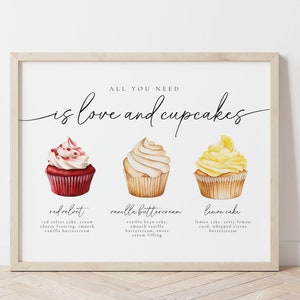 Elegant wedding cupcake bar sign with gourmet cupcake flavors: red velvet, vanilla buttercream, and lemon cake. Perfect for stylish receptions.