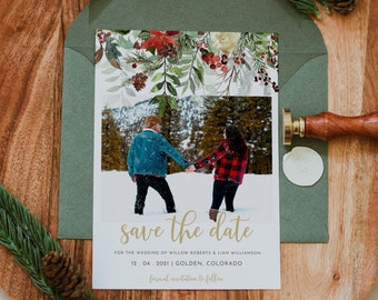 Winter Photo Save The Date Template, Married Christmas Save the Date Card, Winter Save the Date Christmas Wedding Announcement, DIY | Holly