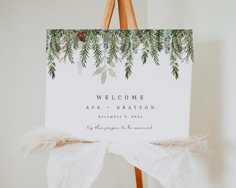 Christmas Wedding Welcome Sign, Editable December Wedding Welcome Sign, Holiday Greenery Welcome Sign Wedding, Editable Holiday | Evergreen