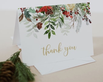 Christmas Thank You Cards, Holiday Thank You Cards, Printable Thank You Card Template, Winter Thank You, Printable Christmas Cards | Holly