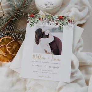 Photo Wedding Invitation. Holiday Wedding Invite With Picture, Photo Christmas Wedding Invitation Template Download, Winter Wedding | Holly