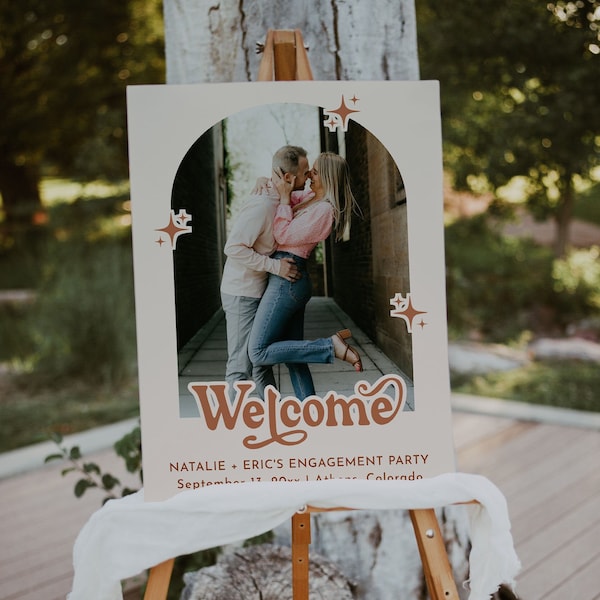 Retro Engagement Party Sign Template, Photo Engagement Party Welcome Sign, Boho Engagement Party Welcome Sign, Groovy Welcome Signs | Birdie