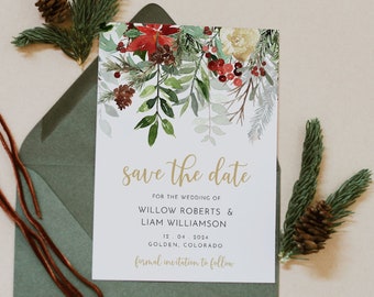 May include: Save the date card with a watercolor floral design featuring red flowers, green leaves, and berries. The text reads "save the date" in gold lettering, followed by "for the wedding of Willow Roberts & Liam Williamson" and the date "12.04.2024". The location "Golden, Colorado" and the phrase "formal invitation to follow" are also included.
