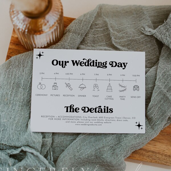 Modern Retro Wedding Details Card Template, Minimalist Retro Wedding Order of Events Details, Retro Wedding Timeline Details Card | Charli