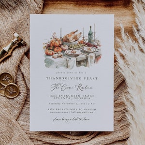 Elegant Thanksgiving invitation card showing a festive table with pumpkins, turkey, wine, and candles. Includes event details, RSVP information, and a note to bring a dish. A beautiful way to invite guests to your holiday gathering.