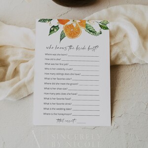 May include: A printable bridal shower game with a floral design featuring orange blossoms and oranges. The game is titled "Who Knows the Bride Best?" and includes questions about the bride's life, such as where she was born, her first job, and her favorite color.