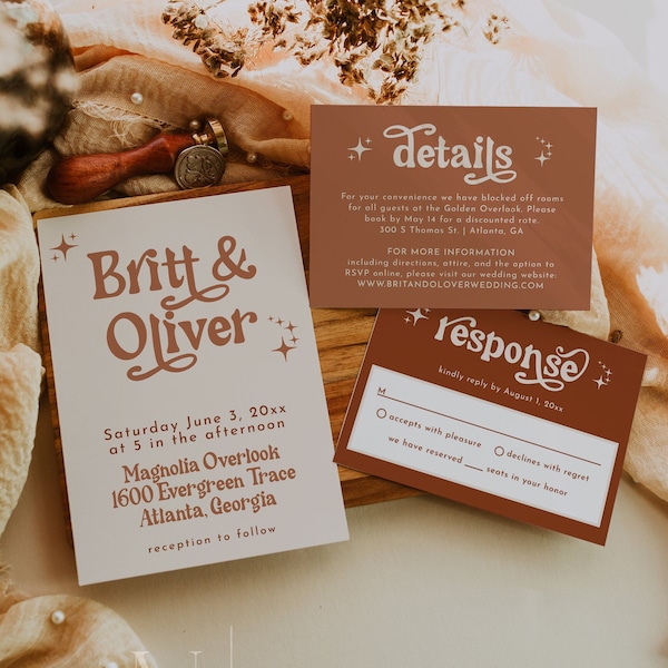 Terracotta Boho Wedding Suite, Bohemian Wedding Retro Wedding Invite, Photo Invitation 70's Wedding, Rust Wedding Boho Retro Invite | Birdie