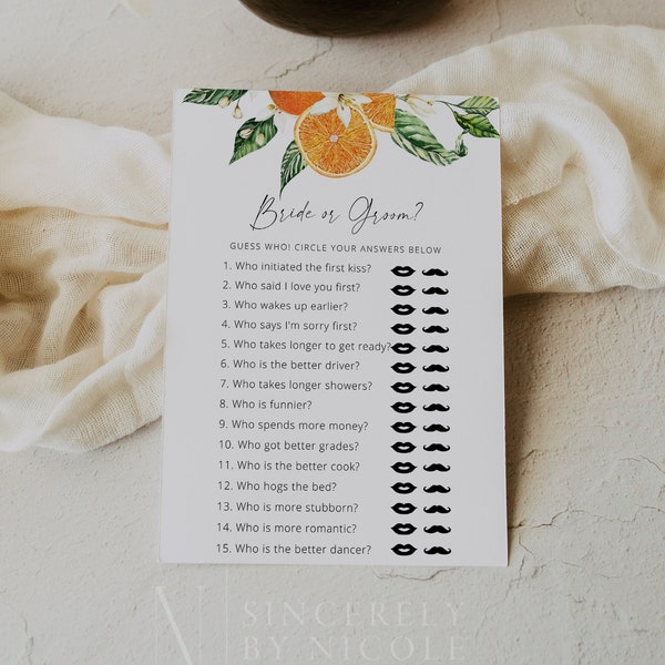 Citrus Bridal Shower Game Template, Guess Who Bride or Groom, Bridal Shower Game, Orange Bridal Shower Game, Bride Or Groom Trivia | Sienna