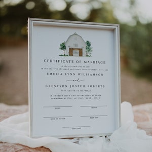 Barn Wedding Certificate Of Marriage, Rustic Barn Marriage Certificate, Country Barn Wedding Keepsake, Editable Printable Barn Wedding