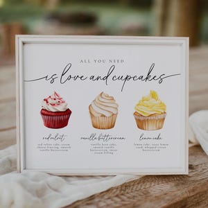 Cupcake-Menü-Schild, Alles, was Sie brauchen, ist Liebe und Cupcakes, bearbeitbares Hochzeits-Dessert-Bar-Schild, Canva bearbeitbare Hochzeitsschild-Vorlage | Olivia