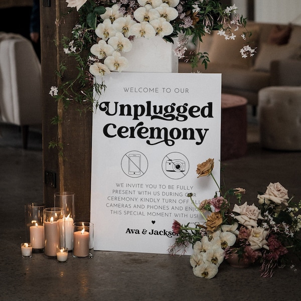 Unplugged Ceremony Sign Template, Boho Unplugged Wedding Poster, Unplugged Wedding Sign, Retro No Phones Sign, Editable, Printable | Charli