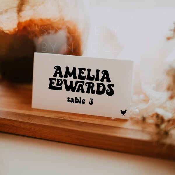 Editable Place Card Template, Retro Place Card Printable, DIY Place Card, Printable Name Card, Retro Escort Card Editable, Wedding | Amy