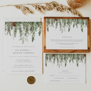 Winter Wedding Invitation Suite, Christmas Wedding Invitations, Christmas Wedding Invitation Printable, Rustic Holiday Invites | Evergreen