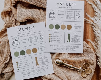 May include: Two wedding invitation cards with a green, brown, and gold color scheme. The cards feature the names "Sienna" and "Ashley" with the titles "Maid of Honor" and "Bridesmaid". The cards include details about the wedding date, the couple's names, the location, and the dress code.