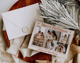 May include: A Christmas card with a collage of family photos. The card is white with red and brown text that reads "Merry Christmas" and "Wishing you the merriest of Christmases, the happiest of New Years, with love, the Taylor Family."