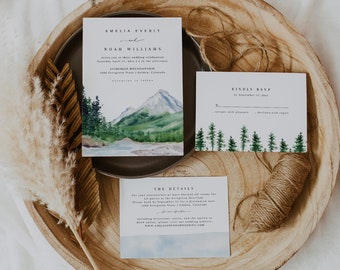 Mountain Wedding Invitation Suite, Outdoor Wedding Invite, Mountain Wedding Details RSVP, Pine Wedding Stationary, Editable Printable Invite