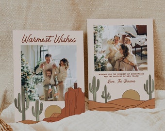 Boho Photo Christmas Card, Western Christmas Card Editable, Terracotta Christmas Card, Photo Holiday Card Template, Warmest Wishes | Betty