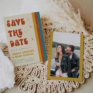 Retro Save The Date Template, Boho Save The Date Editable Printable, 70's Save The Date Modern Retro, Save The Date DIY, 70's Invite | Stacy