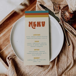 Retro Menu Template, Boho Menu Editable Printable, Modern Retro Menu Card Printable, DIY Menu, Simple Menu Template, 70&#39;s Retro Menu | Stacy
