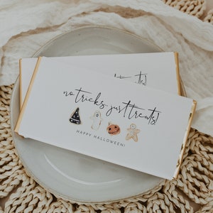 No Tricks Just Treats Halloween Chocolate Bar Wrapper, Halloween Printable Candy Bar Wrapper, DIY Fall Halloween Chocolate Bar Wrap, Corjl
