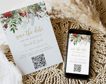 May include: Save the date card with a watercolor floral design featuring red berries and greenery. The card includes the names "Hannah & Jacob" and the date "11-13-20xx". A QR code is included to access additional wedding details.