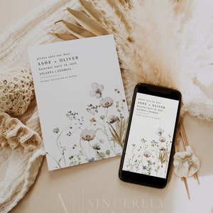 Spring Save The Date With QR Code, Floral Save The Date Template, Save The Date Floral Wildflower Spring, QR Code Save The Date QR | Ashe