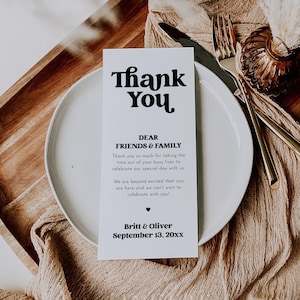 Thank You Napkin Note, Modern Thank You Letter, Wedding Napkin Note, Wedding Menu Thank You, Wedding Table Thank You Card, Menu