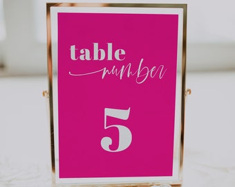 Colorful Wedding Table Numbers, Bright Pink Table Numbers, Hot Pink Table Number Template, Vibrant Wedding Table Number, Pink Decor | Fallon