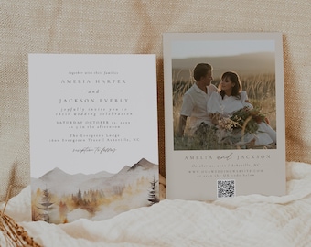 Mountain Wedding Invitation Template, Woodland Pine Wedding Invite, Photo Wedding Invitation, Rustic Fall Wedding Invite Template | Sawyer