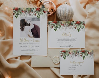 Puede incluir: Conjunto de invitaciones de boda con foto de una pareja, detalles florales y de bayas, y texto dorado. Incluye invitación, tarjeta de detalles y tarjeta de confirmación de asistencia. Adornos dorados y plateados decoran el conjunto.