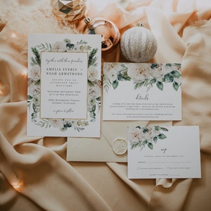Winter Floral Wedding Invitation Suite, Editable Printable Holiday Wedding Template, Christmas Wedding Invite, Holiday Wedding Suite Belle image 1
