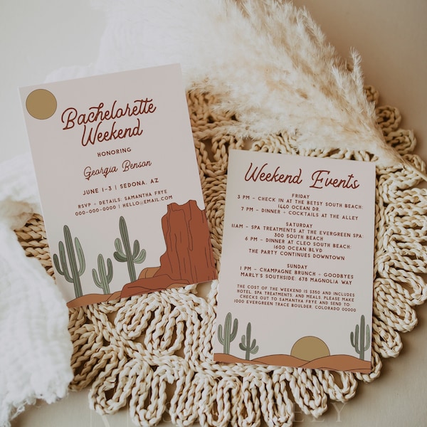 Desert Bachelorette Invitation Itinerary, Desert Bachelorette, Cactus Bachelorette Invitation Template, Boho Desert Weekend Itinerary BETTY