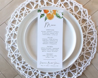 Citrus Bridal Shower Menu Template, Printable Bridal Shower Menu, Editable Menu, Citrus Orange Bridal Brunch Menu, Shower Menu | Sienna