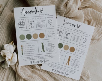 Bridesmaid Info Card Template, Minimalist Bridal Party Information Card, Modern Minimal Bridesmaid, Modern Bridesmaid Infographic | Sofia