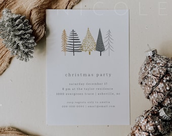 May include: A white Christmas party invitation with a simple illustration of stylized trees in gold and gray. The text reads "christmas party", "saturday december 17", "8 pm at the taylor residence", "1000 evergreen trace | asheville, nc", "rsvp regrets only to amelia", "000-000-0000 | email@email.com".