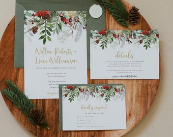 May include: A wedding invitation suite with a wintery floral design. The invitation features a gold script font with the names "Willow Roberts" and "Liam Williamson". The details card includes information about the wedding ceremony and reception. The RSVP card has a checkbox for guests to indicate their attendance.