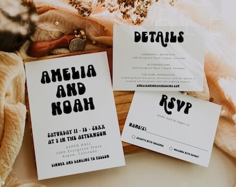 Retro Wedding Invitation Suite, Boho Wedding Invitation Template, Modern Retro Editable Wedding Invite, Unique Wedding Invitation | Jennifer