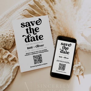 QR Code Save The Date Template, Text Save The Date With QR Code, Retro Save The Date, QR Code Wedding Details Save The Date Website Charli