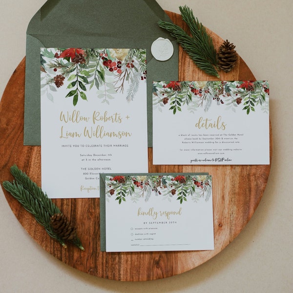 Christmas Wedding Invitations, Evergreens, Red Berries, Winter Wedding Invitation Suite, Winter Pine, Rustic Holiday Foliage, Corjl | Holly