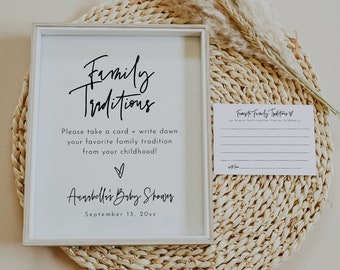 Editable Printable Family Traditions Card, Family Traditions Baby Shower Sign Template, Family Traditions Card + Sign Baby Shower | Sofia