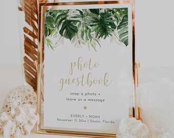 Tropical Photo Guestbook Editable Template, Printable Photo Guestbook Wedding Sign, Monstera Photo Guest Book Wedding Guest Book | Luana