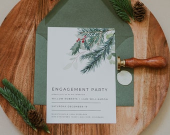 Holiday Engagement Party Invitation, Christmas Wedding Engagement Party Invitation Template Download, Christmas Greenery Invites DIY | Eira