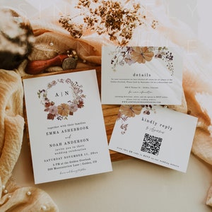 Fall Wedding Invitation Template, Pumpkin QR Code RSVP Postcard, Pumpkin Fall Wedding QR Code Wedding Invitation Suite, Qr Code Card | Amber