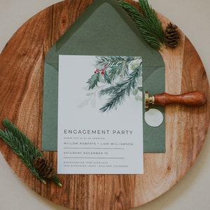 Holiday Engagement Party Invitation, Christmas Wedding Engagement Party Invitation Template Download, Christmas Greenery Invites DIY | Eira