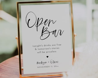 Wedding Bar Sign, Printable Open Bar Sign, Minimalist Bar Sign, Wedding Sign Template,  Instant Download Template, Open Bar Sign | Harper