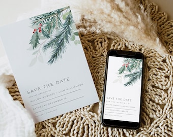 Christmas Save The Date Template, Editable Holiday Save The Date, Winter Wedding Save The Date, Greenery Wedding Christmas Holiday | Eira