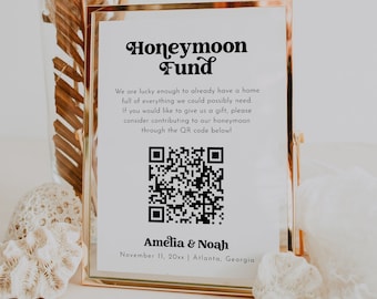 Könnte beinhalten: Ein goldfarbener Rahmen mit einem weißen Hintergrund und schwarzem Text, der "Honeymoon Fund" lautet. Das Schild enthält auch einen QR-Code und den Text "Amelia & Noah, November 11, 20xx | Atlanta, Georgia".
